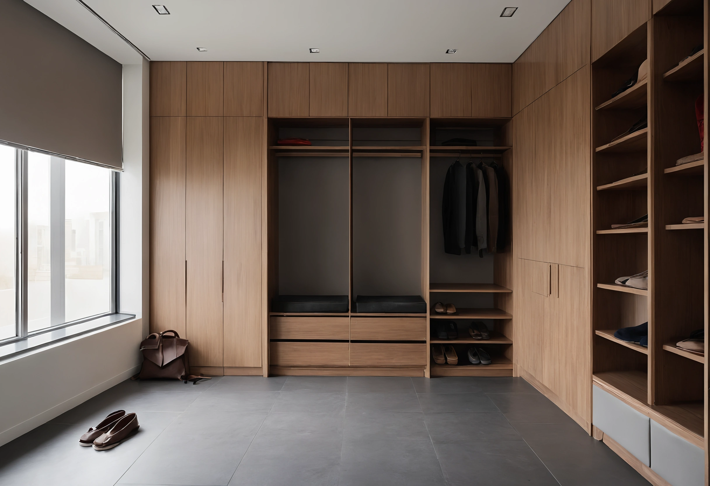 Walk-in wardrobe in a high-rise Dubai apartment with oak joinery, a roller blind over a wide window and a leather bag on the floor