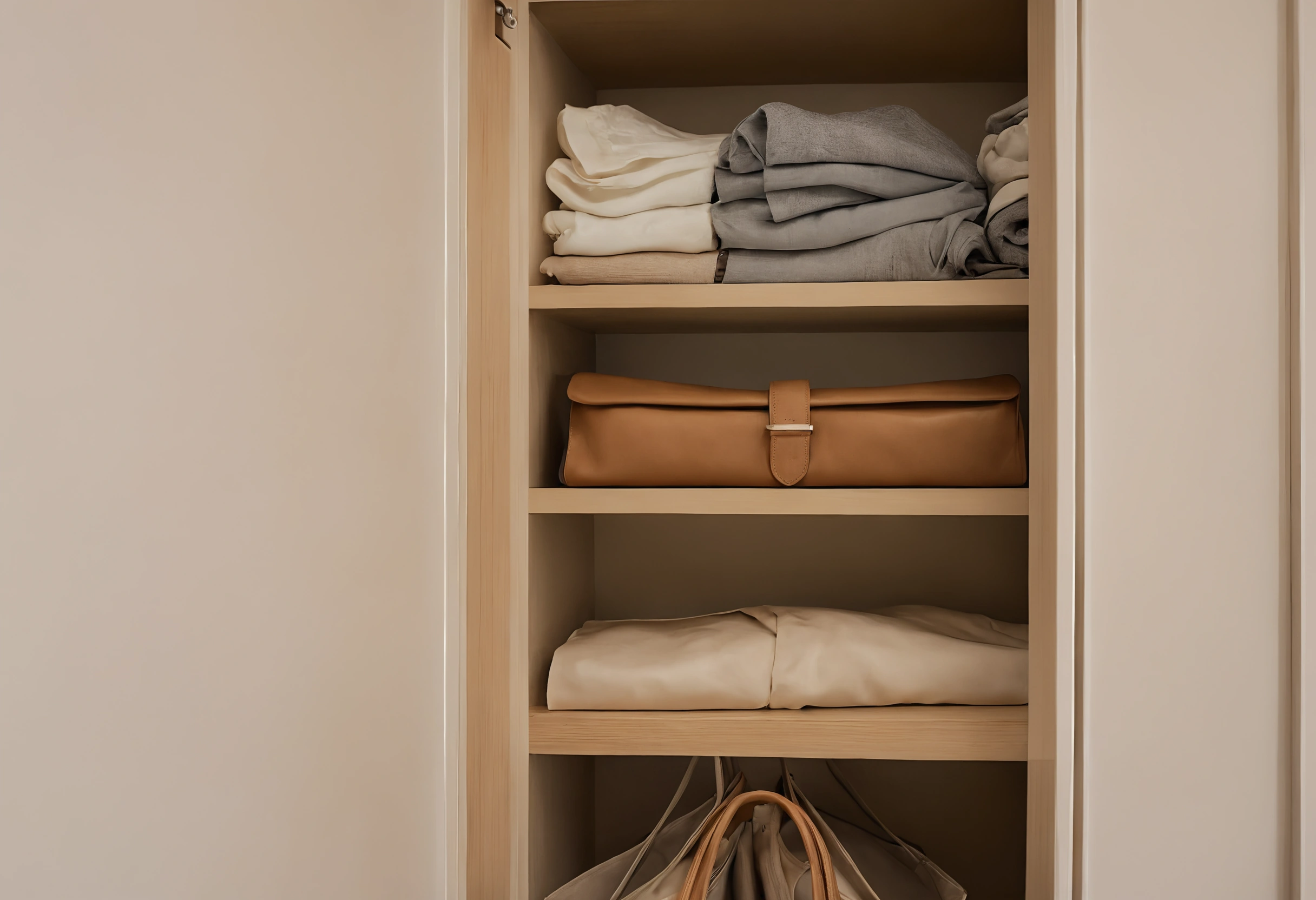Wardrobe shelves in pale oak with folded knitwear and a leather bag laid flat on its own shelf