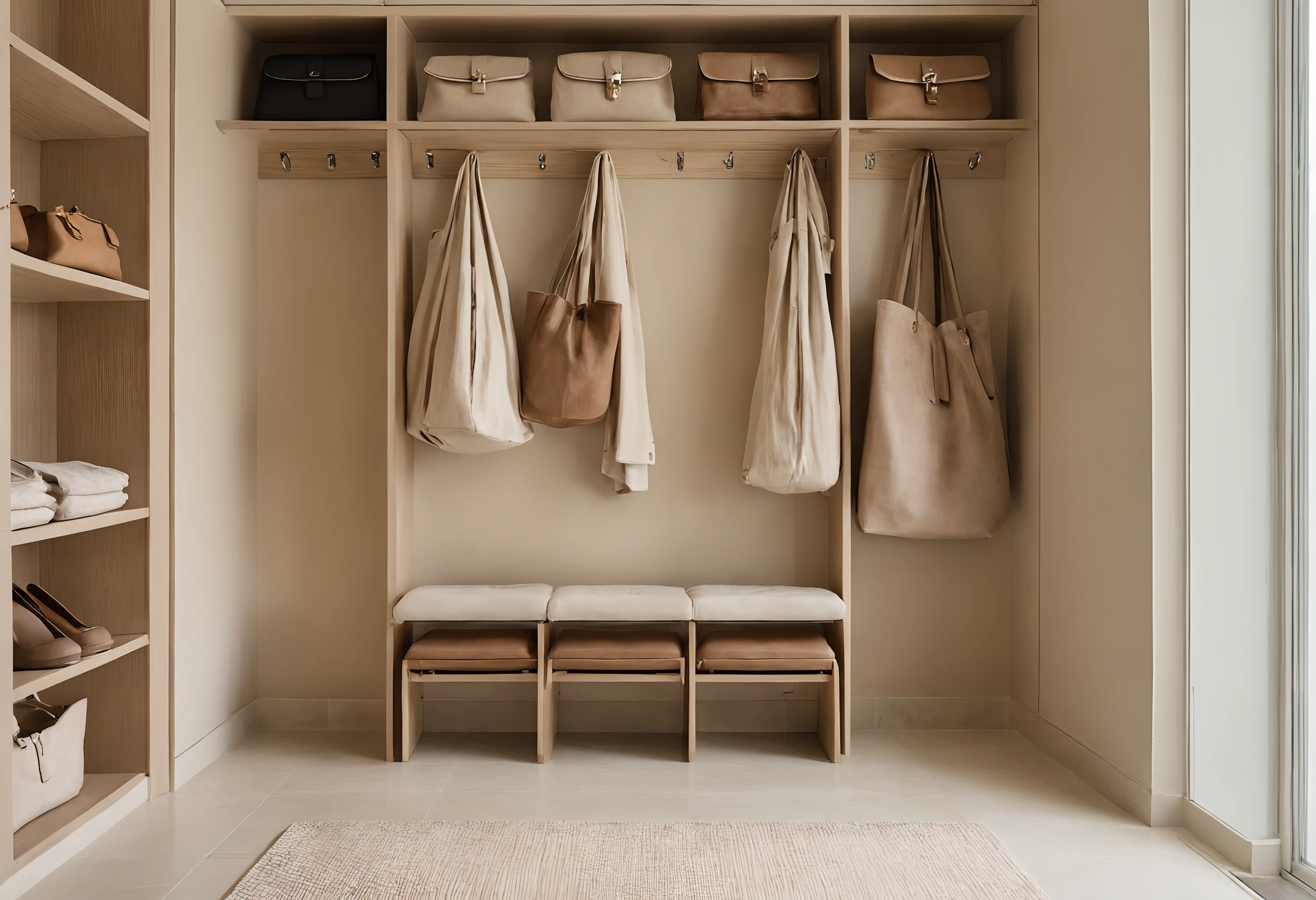 Villa dressing room with handbags on an upper shelf, tote bags on hooks and a bench below, next to a tall window