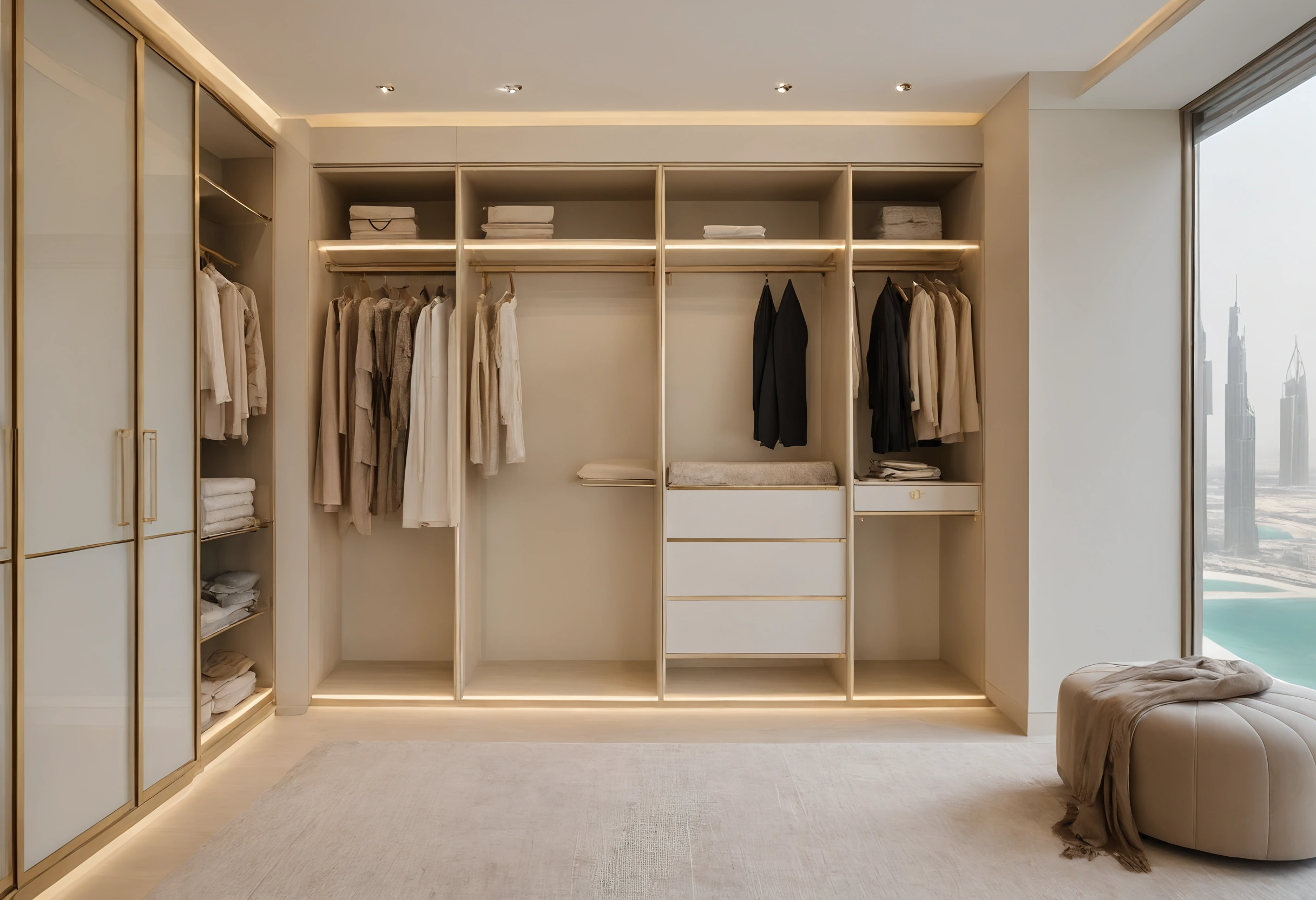 Dubai apartment dressing room with a glass-front wardrobe, open shelving lit by LED strips, hanging garments and a window onto the Burj Khalifa skyline