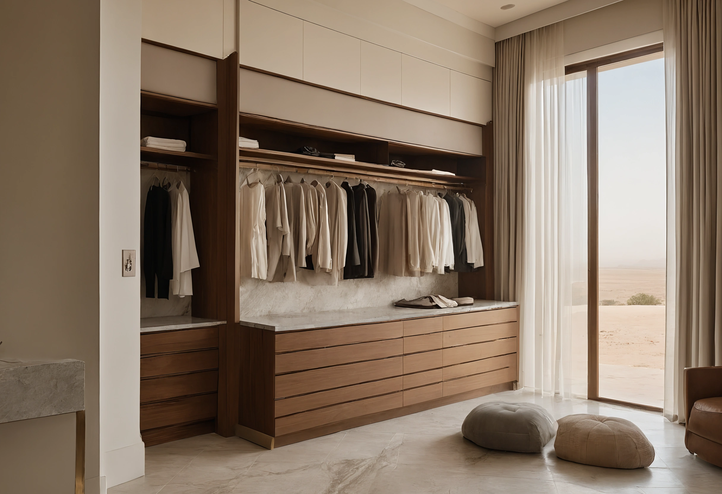 Walnut dressing-room joinery in a Dubai apartment with a stone-topped drawer unit under hanging rails, sheer curtains and a desert view